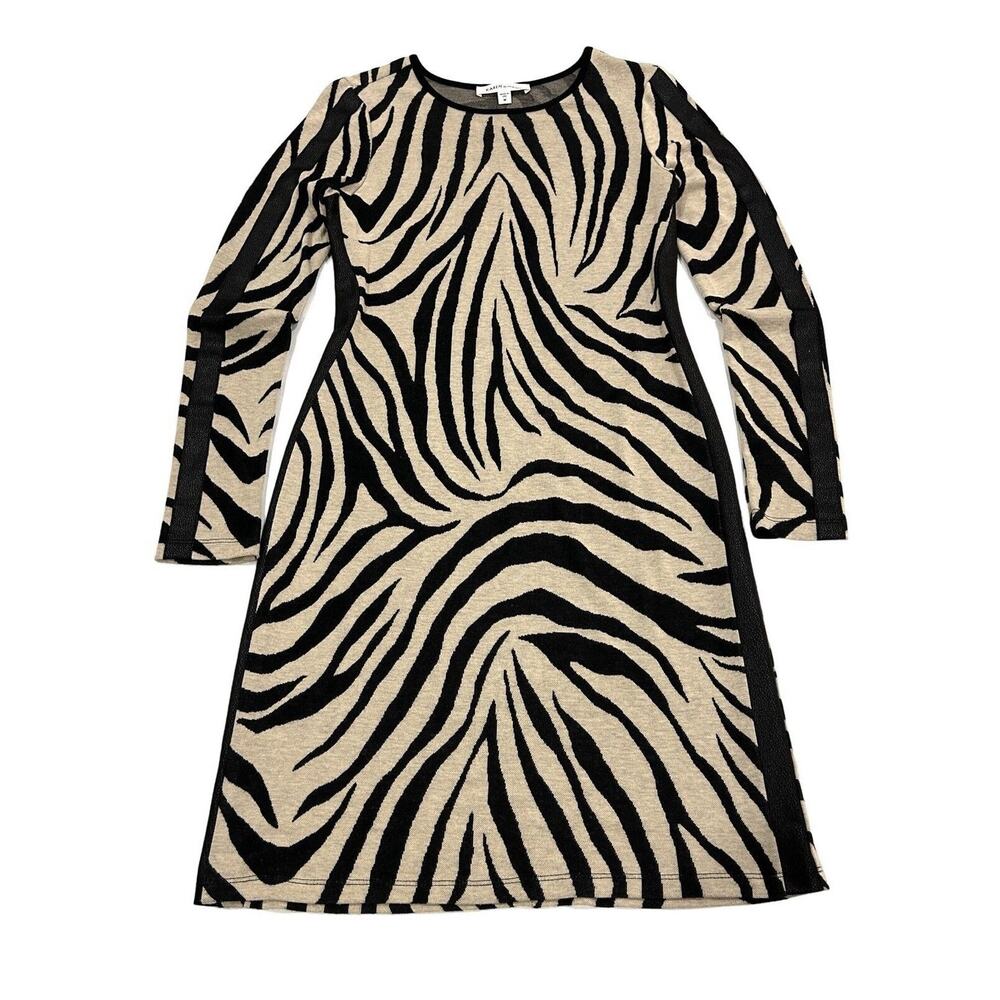 Karen Kane Dress Size M Zebra Print Black & Beige Rayon Blend Knit Long Sleeve